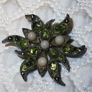 Elegant Silver and Green Floral Brooch